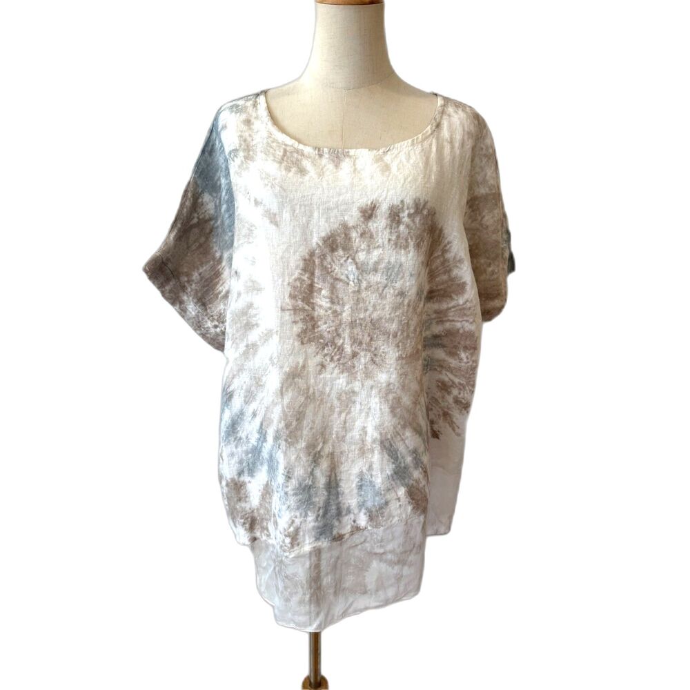 Valentina Naldi Italy 100% Linen Tie Dye Top Large Tan Blue Spiral Coastal Boho